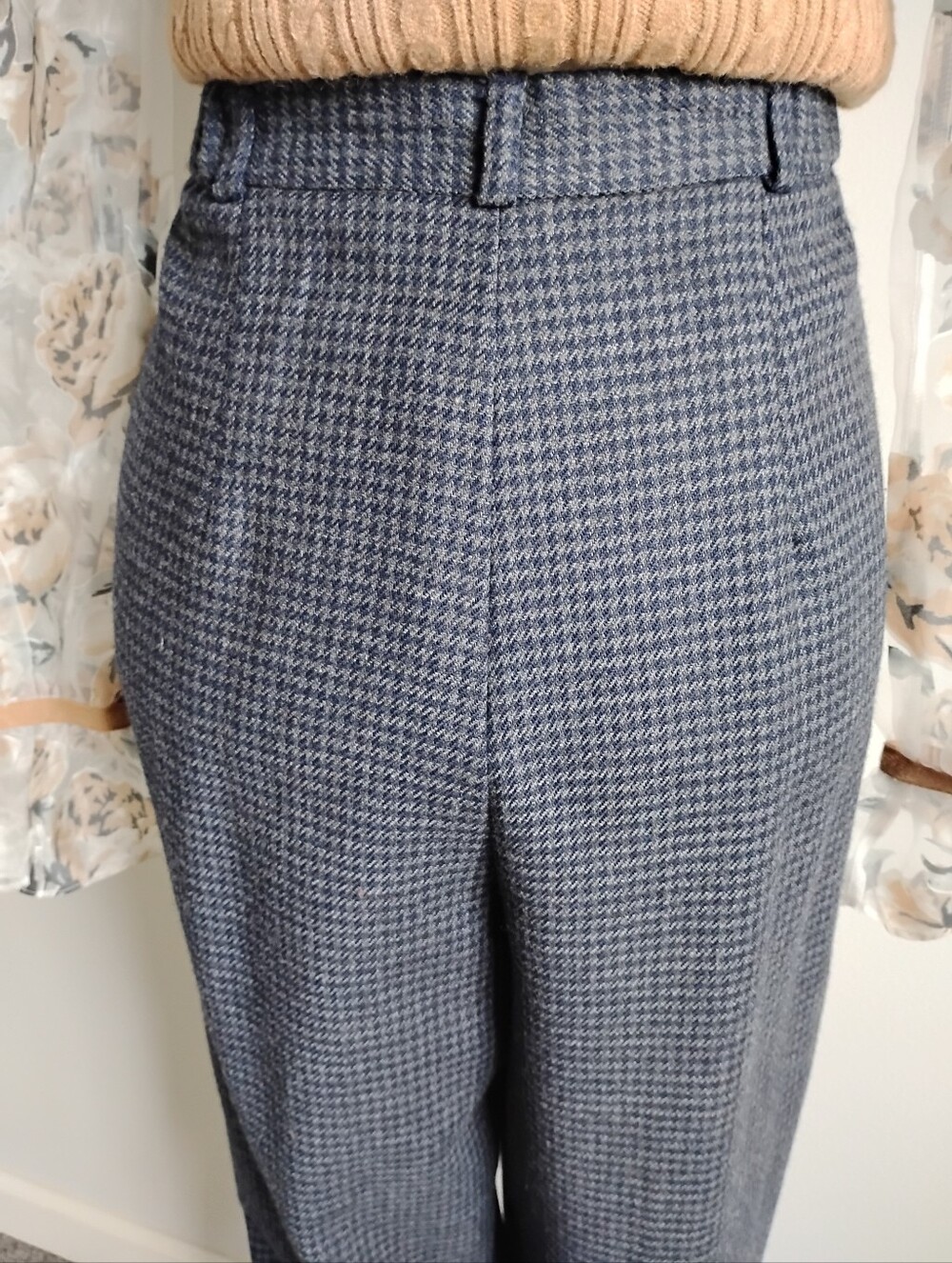 Talbots Vintage Wool Pleat Front Trousers Navy Blue Gray Houndstooth Size 14 Pet - Picture 9 of 16